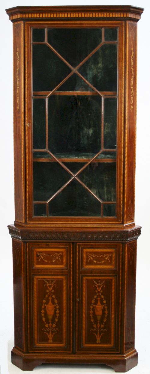Edwardian Inlaid Mahogany Freestanding Corner Cabinet by Edwards & Roberts.