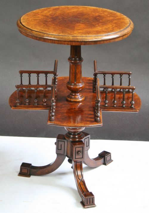 Victorian Figured Walnut Pedestal Tripod Book Table.