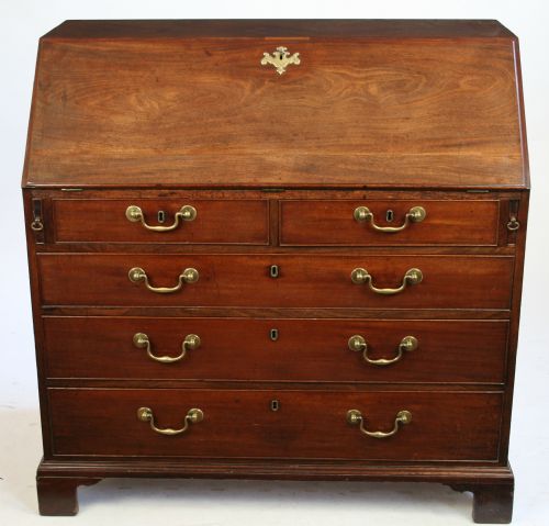 George 111 Mahogany Bureau Having  2 Short and 3 Long Oak Lined Drawers