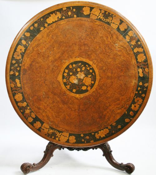 Victorian Figured Walnut & Marquetry Circular Tilt Top Centre Table.