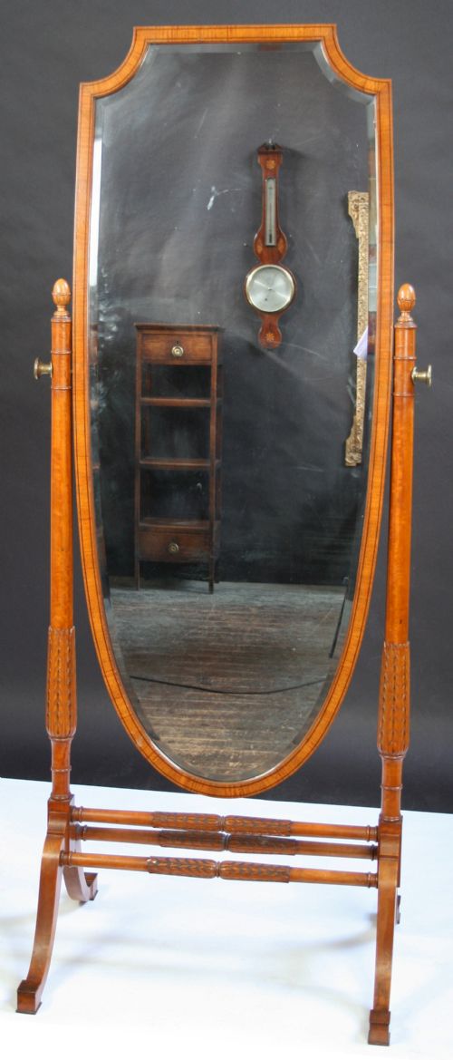 Edwardian Satinwood Carved and Inlaid Cheval Mirror.