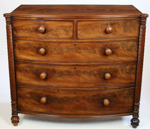 George 1v Flared Mahogany Bow Chest of 2 Short & 3 Long Oak Lined Drawers.