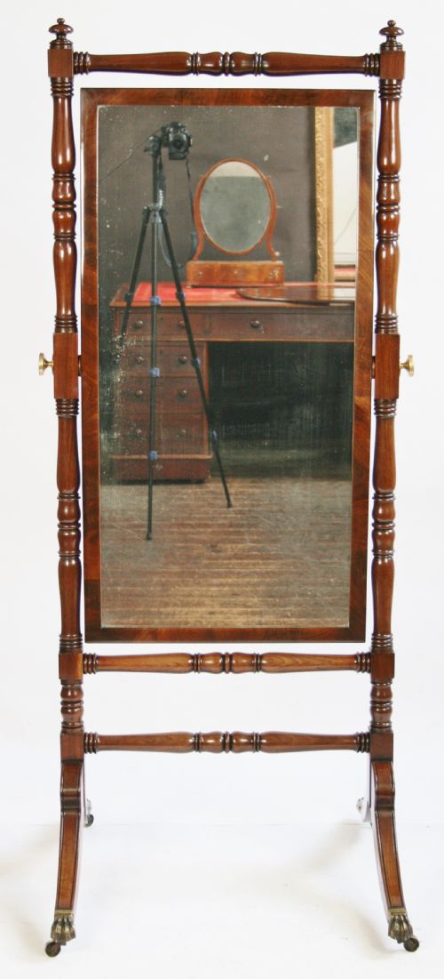 Regency Mahogany Cheval Mirror Within Turned Frame.