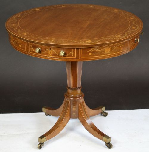 Edwardian Mahogany Inlaid 'Zodiac' Drum Table.