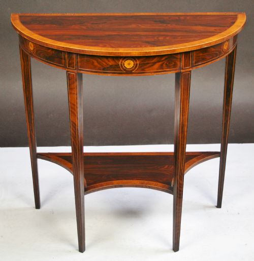Edwardian Inlaid Rosewood Demi Lune Side Console Table.
