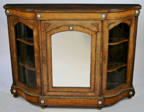 Victorian Figured Walnut 3 Door Credenza with Serpentine Ends.