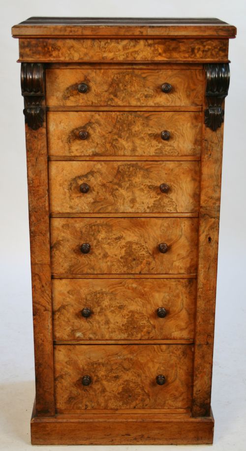 Victorian Figured Walnut 6 Drawer Wellington Chest.