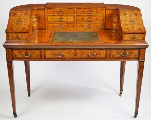 Superb Quality Edwardian Satinwood Profusely Marquetry Inlaid Carlton House Desk.