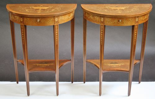 Fine Pair of  Edwardian Inlaid Mahogany Demi Lune Side Console Tables