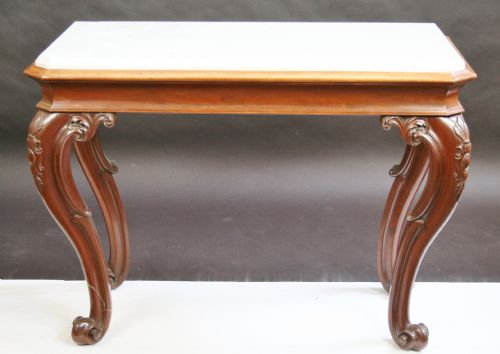 Victorian Mahogany Marble Top Console Table on Carved Cabriole Legs.
