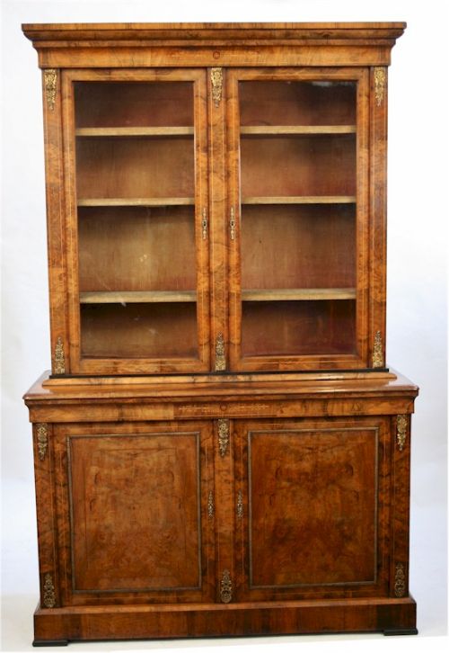 Victorian Figured Walnut Cupboard Base Bookcase with Ormolu Mounts
