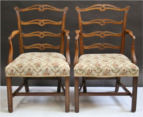 Good Quality & Colour Pair of Late 19c 'Chippendale' Style Ladderback Armchairs