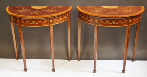 Fine Quality Edwardian Inlaid Mahogany Pair of Demi Lune Card Tables