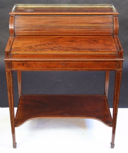 Edwardian Inlaid Mahogany Cylinder Top Ladies Writing Desk
