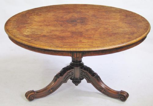 Victorian Figured Walnut Circular Tilt Top Pedestal Tripod Centre Table