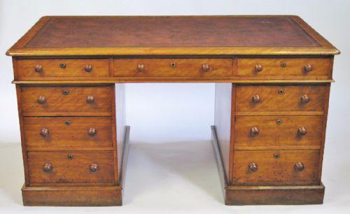 Early Victorian Satin Birch 3 Part Partners Kneehole Desk