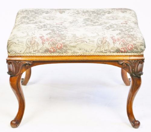 Victorian Walnut Upholstered Stool on Cabriole Legs