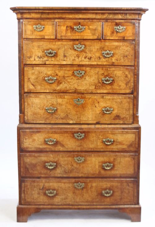 A George II Good Coloured Figured Walnut Featherbanded Chest-on-chest