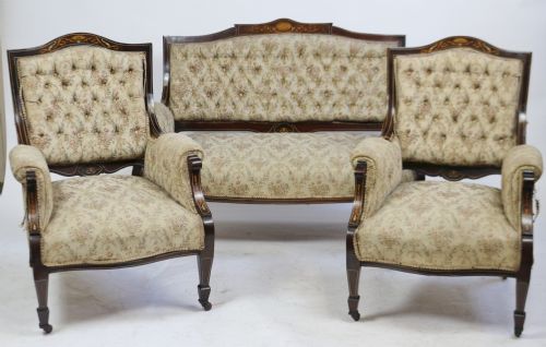 fig 1. Good Quality Late Victorian Inlaid Mahogany 8 Piece Parlour Suite.