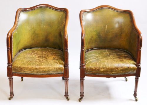 Good Quality Edwardian Inlaid Mahogany Pair of Leather Upholstered Armchairs