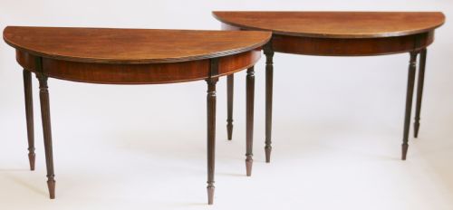 Regency Pair of Mahogany Demi Lune Side Console Tables on Reeded Legs
