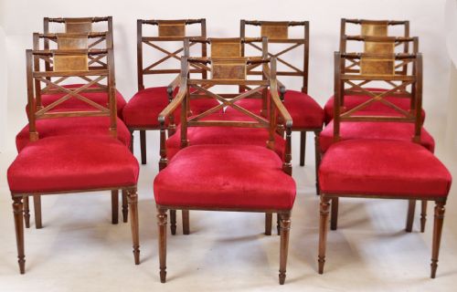Fine Regency Set of 10 Mahogany Dining Chairs Including a Pair of Armchairs