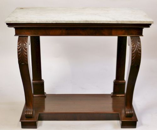William 1v Mahogany Marble Top Scroll Leg Console Table.