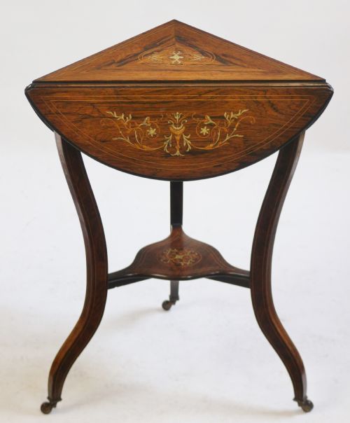 Late 19c Rosewood Inlaid Triangular Dropleaf Occasional Table