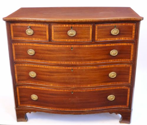 19c Mahogany Satinwood Banded 6 Drawer Serpentine Chest