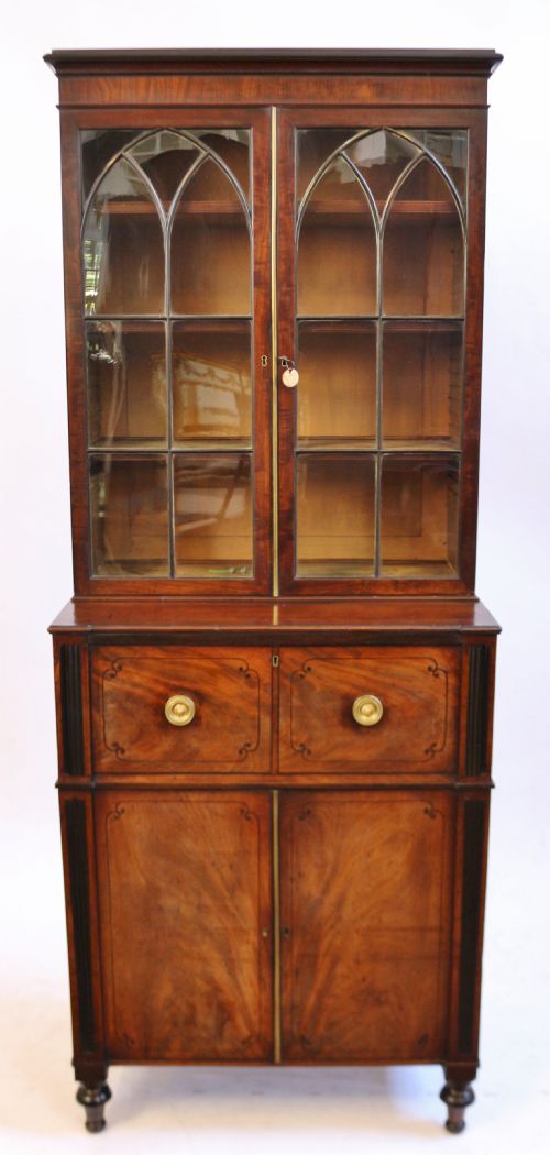 Fine Regency Mahogany Ebony Inlaid Small Secretaire Bookcase