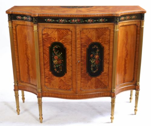 Edwardian Satinwood Serpentine 2 Door Side Cabinet with Painted Decoration