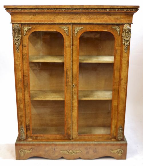 Victorian Figured Walnut Ormolu Mounted Large 2 Door Pier Display Cabinet