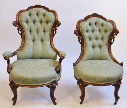 Fine Pair of Victorian Walnut Ladies and Gents Chairs