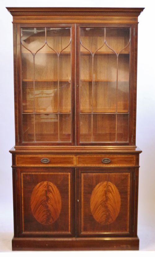 Edwardian Mahogany Satinwood Banded Cupboard Base Bookcase by Waring & Gillow