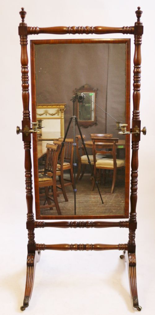 Regency Mahogany Cheval Mirror Within Ring Turned Frame