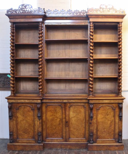 Victorian Large Figured Walnut Open Top Inverted Breakfront Bookcase