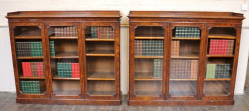 Fine Pair of Victorian Figured Walnut 3 Door Dwarf Bookcases
