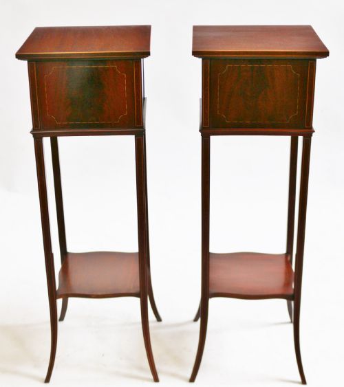 Edwardian Mahogany Inlaid Pair of Torcheres