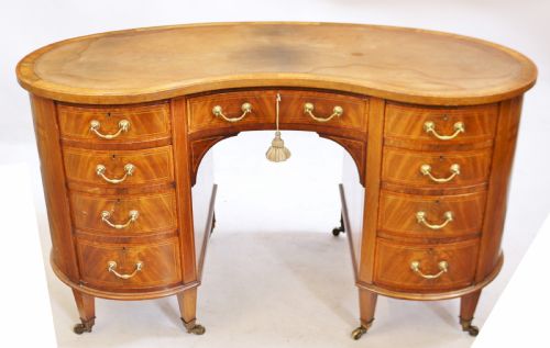 Edwardian Inlaid Figured Mahogany Kidney Shaped Desk