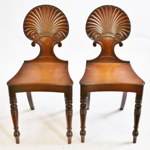Regency Mahogany Pair of Hall Chairs with Shell Carved Back