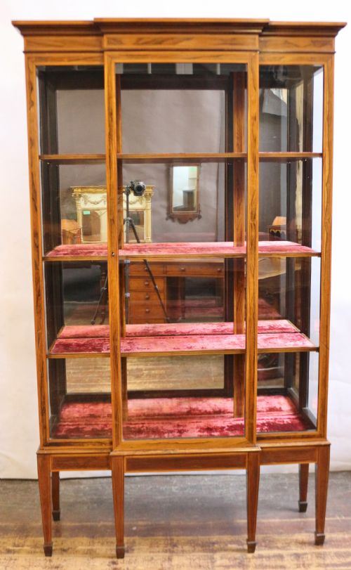 Fine Quality Late 19c Rosewood and Satinwood Breakfront Display Cabinet