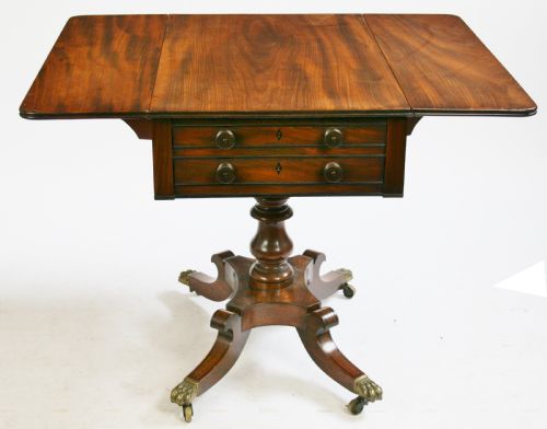 REGENCY MAHOGANY 2 DRAWER PEDESTAL DROPLEAF PEMBROKE WORK TABLE ON QUADRUPED LEGS - ADDITIONAL PHOTO 1