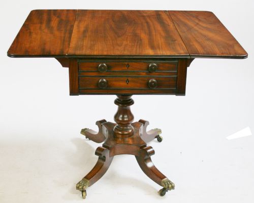 REGENCY MAHOGANY 2 DRAWER PEDESTAL DROPLEAF PEMBROKE WORK TABLE ON QUADRUPED LEGS - ADDITIONAL PHOTO 3