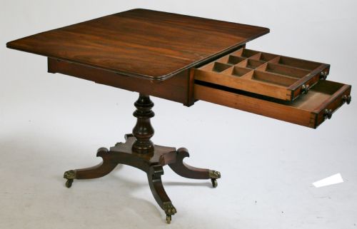 REGENCY MAHOGANY 2 DRAWER PEDESTAL DROPLEAF PEMBROKE WORK TABLE ON QUADRUPED LEGS - ADDITIONAL PHOTO 4