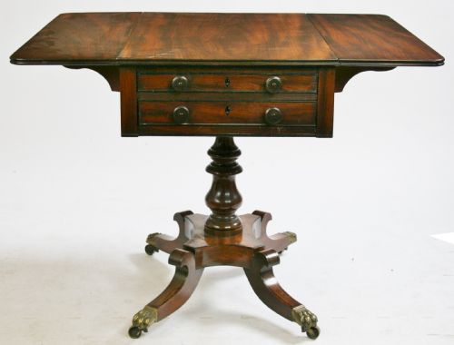 REGENCY MAHOGANY 2 DRAWER PEDESTAL DROPLEAF PEMBROKE WORK TABLE ON QUADRUPED LEGS - ADDITIONAL PHOTO 5