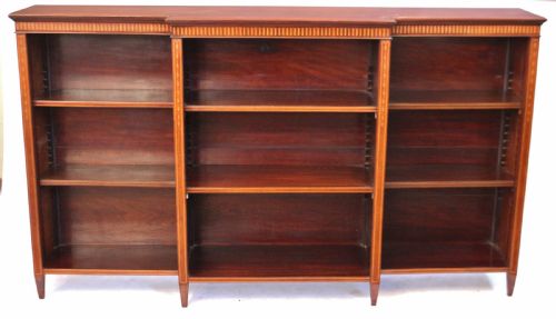 Edwardian Mahogany Inlaid Breakfront Dwarf Open Bookcase