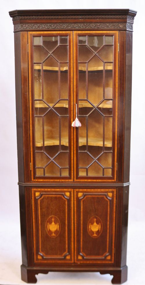 Late 19c Inlaid Mahogany Freestanding Corner Cabinet