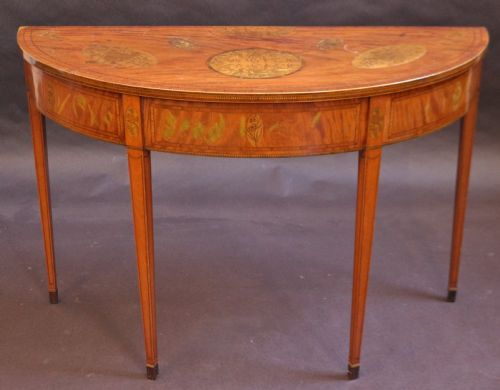 Late 19c Satinwood Inlaid Demi Lune Side Table