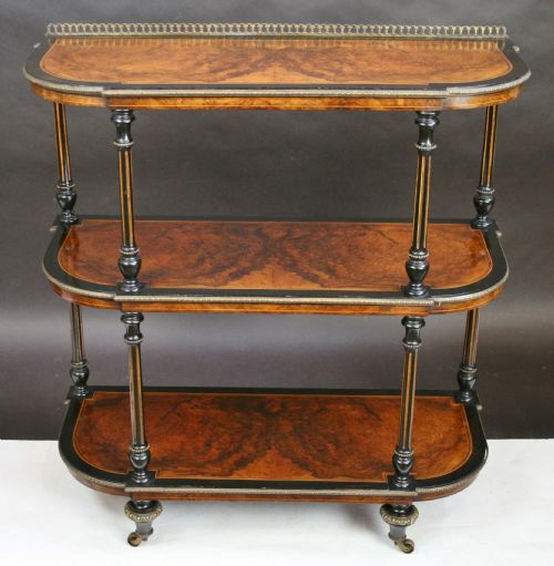 Victorian Figured Walnut and Ebony Gilt Decorated 3 Tier Whatnot