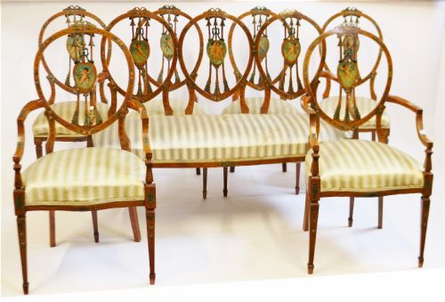Late 19c Satinwood Painted Decorated 7 Piece Salon Suite